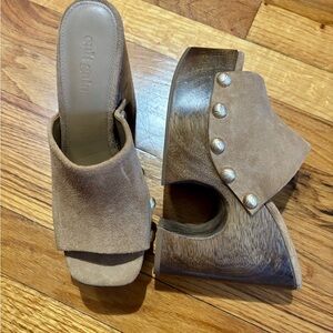Cult Gaia Tan Suede Mules with Wooden Heel